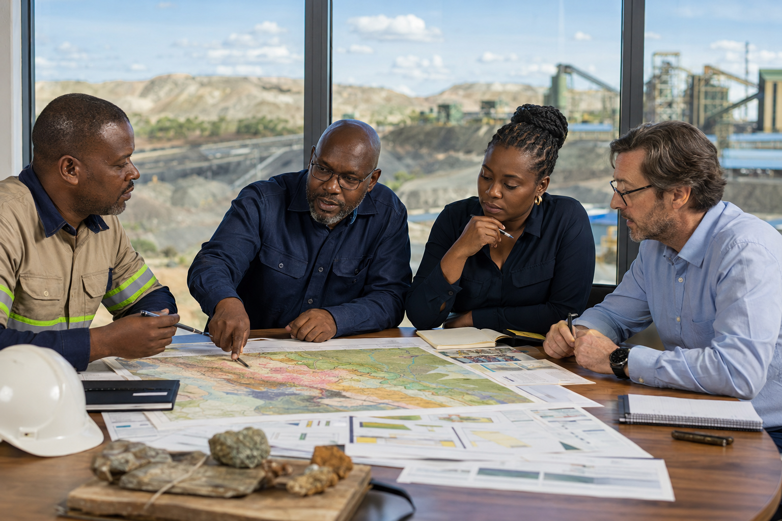Mining professionals reviewing a mineral opportunity and geological information